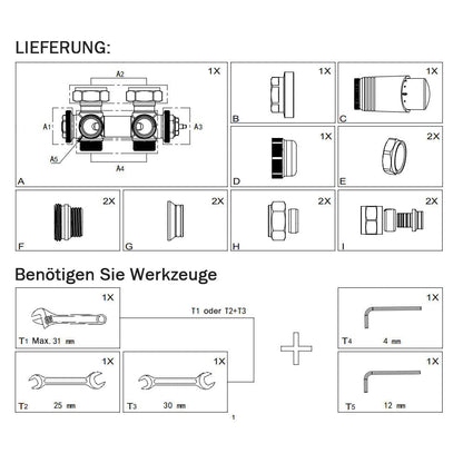 SwissTherm Multiblock Thermostat Armatur - Mittelanschluss Eck/Durchgang 50mm