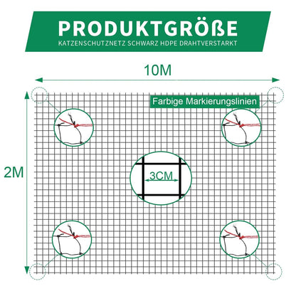 Tatamiyya Katzennetz für Balkon, drahtverstärkt, 10x2 m, schwarz