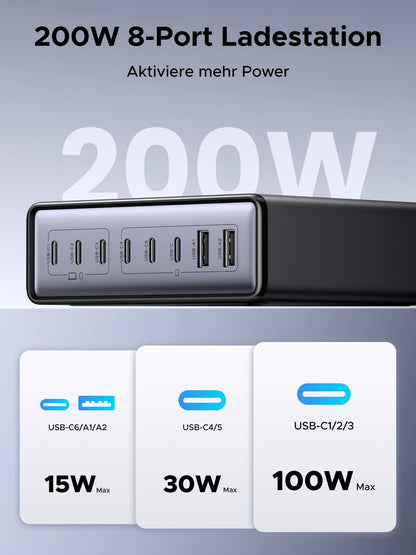 UGREEN 200W GaN USB C Ladestation - 8-Port Desktop PD Netzteil
