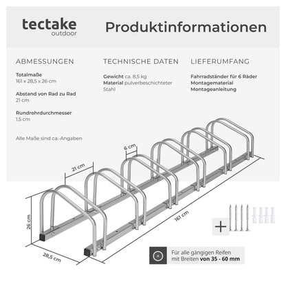 tectake Fahrradständer für 6 Fahrräder, Wand- und Bodenmontage