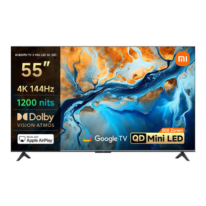 XIAOMI TV S Mini 55 2025 MiniLED QLED TV - 55 Zoll. Schwarzer TV, zeigt hochauflösende Videoinhalte.