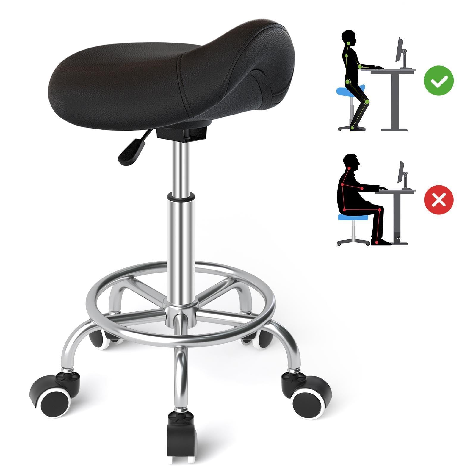 YEEZEE Sattelhocker ergonomisch, höhenverstellbar mit Rollen, schwarz, Sattelkissen mit PU-Lederbezug