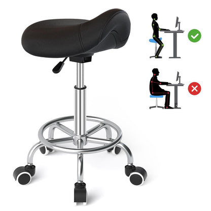 YEEZEE Sattelhocker ergonomisch, höhenverstellbar mit Rollen, schwarz, Sattelkissen mit PU-Lederbezug