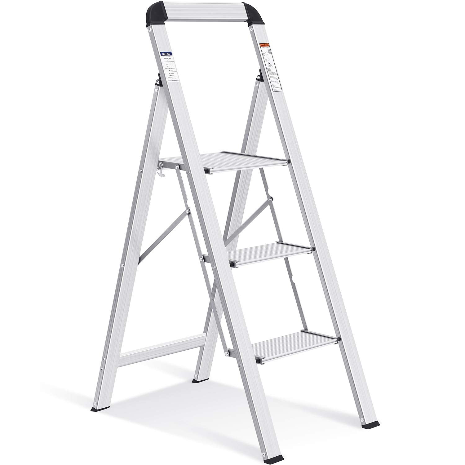 KINGRACK Aluminium Trittleiter, silber, 3 Stufen, klappbar, mit Handlauf. Für sicheres Arbeiten in erhöhter Position.