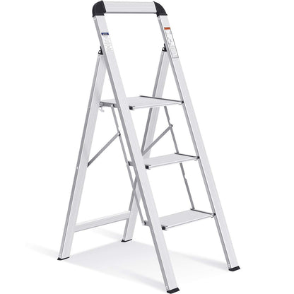 KINGRACK Aluminium Trittleiter, silber, 3 Stufen, klappbar, mit Handlauf. Für sicheres Arbeiten in erhöhter Position.