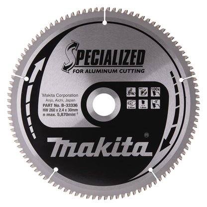 Makita Specialized Saegeblatt - 260x30mm 100Z B-33336. Rund, silber, mit 100 Zähnen. Für präzise Feinschnitte in Holz mit Kreissägen.