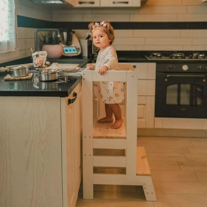 MEOWBABY Lernturm Montessori für Kinder Höhenverstellbar - Weiss-Natur