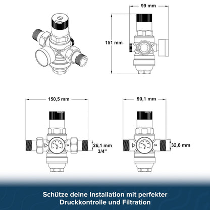 AQUA HEATING Wasserdruckminderer 3/4 Zoll mit Manometer