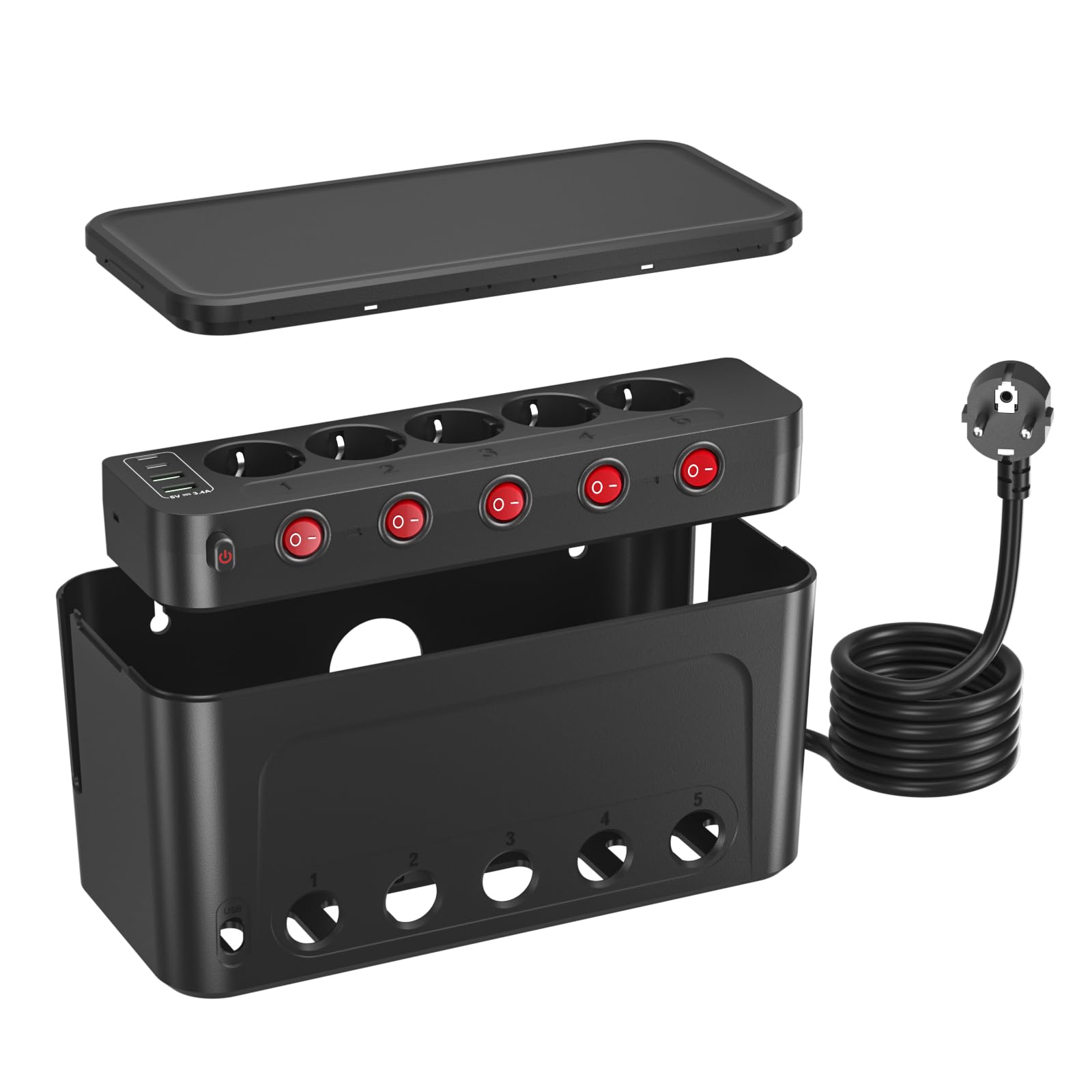 Kiykzi Steckdosenleiste mit Kabelbox, einzeln schaltbar, Schwarz – mit Einzelschaltern und USB-Ports