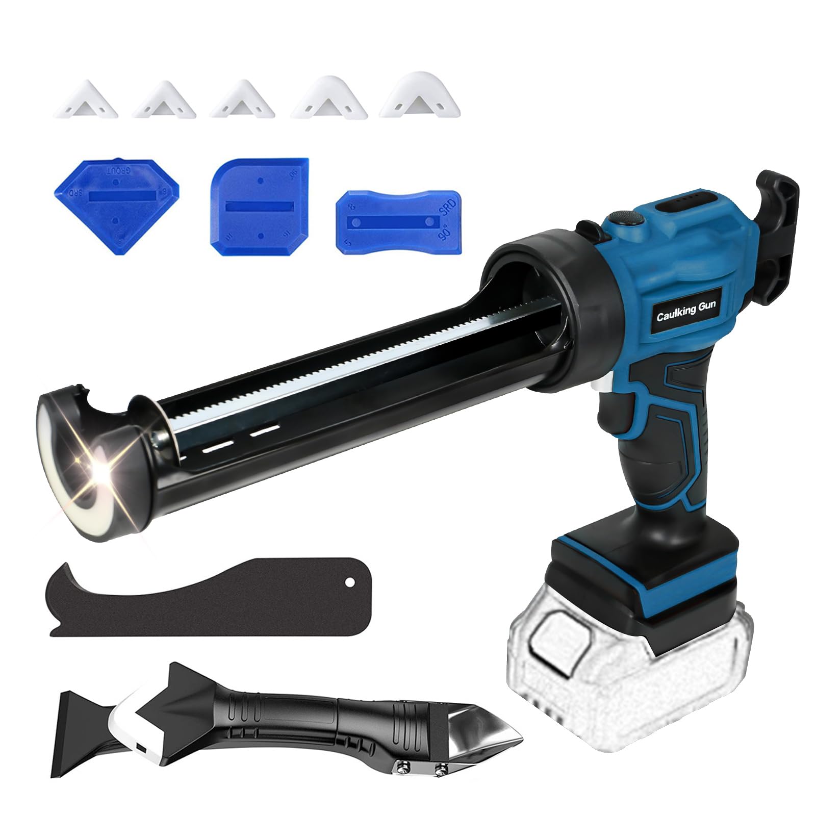 Makita-kompatible Akku Kartuschenpresse 18V – 300ml, Blau. Blaue 300ml-Akku-Presse extrudiert Dichtmassen präzise für Fugen.
