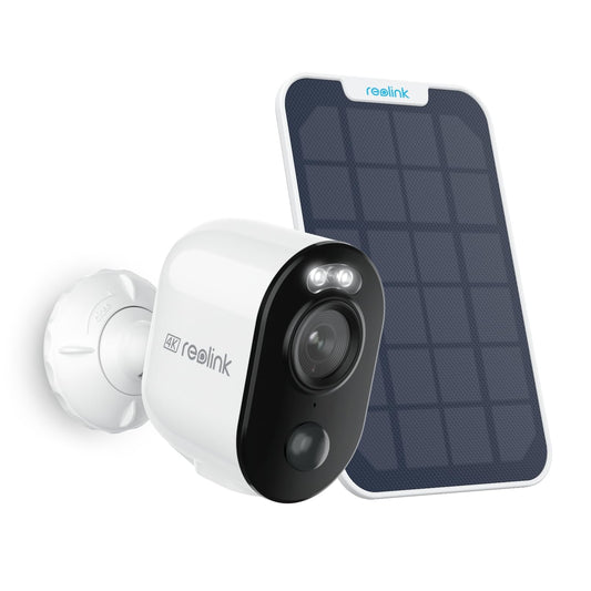 Reolink Argus 3 Ultra 4K Akku Aussenkamera mit Solarpanel. Weiße 4K-Kamera, schwarzes Solarpanel; autarke Aussenüberwachung.