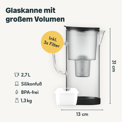 SILBERTHAL Wasser Filterkannen Set Glas 2.7 Liter inkl. 3 Filterkartuschen