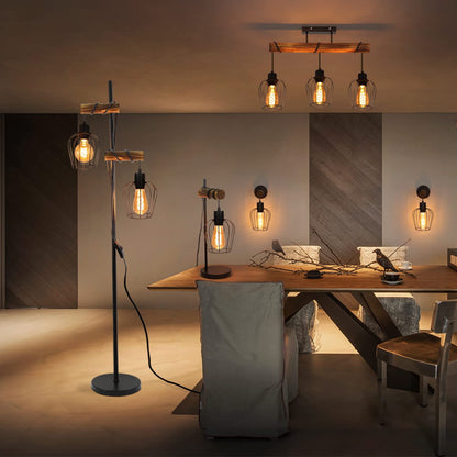 ZMH Deckenleuchte Vintage Industrial Holz Schwarz 3-flammig E27