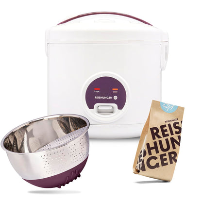 REISHUNGER Basis Reiskocher Starter Set – Weiss Keramik. Runder, weißer Keramik-Reiskocher zum automatischen Garen von Reis.