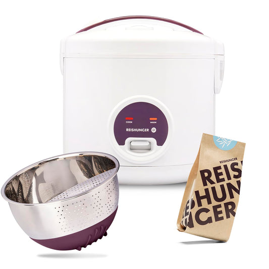 REISHUNGER Basis Reiskocher Starter Set – Weiss Keramik. Runder, weißer Keramik-Reiskocher zum automatischen Garen von Reis.