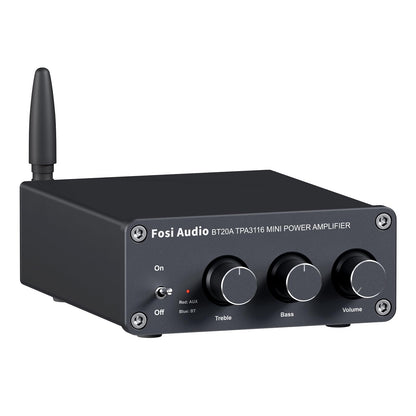 Fosi Audio BT20A Bluetooth Verstärker – 200W Stereo, schwarz, kompakt. Verstärkt Audiosignale für Stereo-Passivlautsprecher.