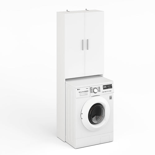 KOMTO Waschmaschinenschrank Gizmo Weiss, 2 Türen, 65 x 180 x 27 cm, Hochschrank aus matter Spanplatte