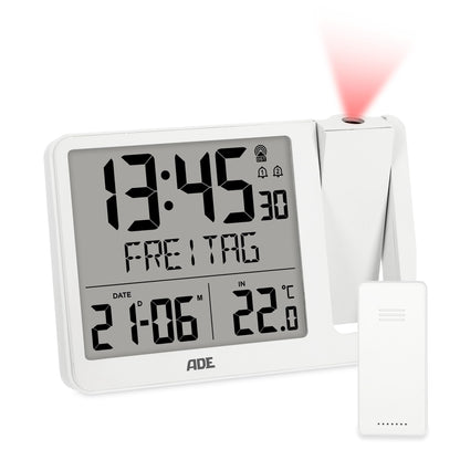 ADE Projektionswecker CK2406-2 Funkwecker mit Aussensensor, weiss, mit LCD-Display und schwenkbarem Projektionsarm