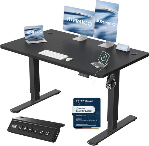 JUMMICO Schreibtisch höhenverstellbar elektrisch 120 x 60 cm, schwarz, mit T-förmigem Stahlgestell
