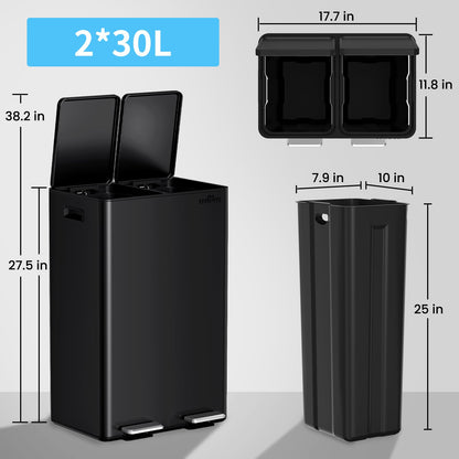 mVm Treteimer 60 Liter mit Mülltrennung, Stahl, Softclose-Deckel