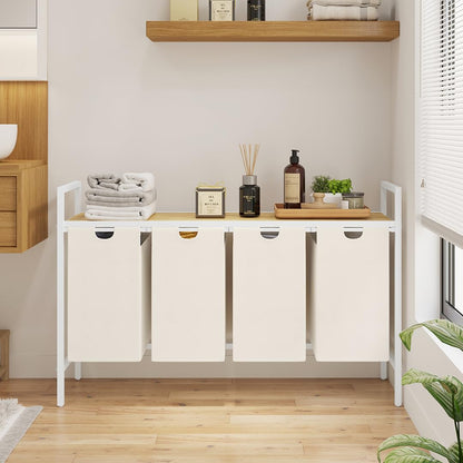 STEELSØN Rigil Wäschesammler 4 Fächer Weiss mit Bambusablage