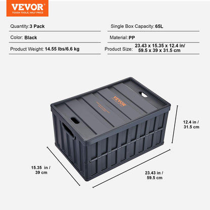 VEVOR Klappbox 65 L mit Deckel, faltbare Aufbewahrungsbox, 3er-Set