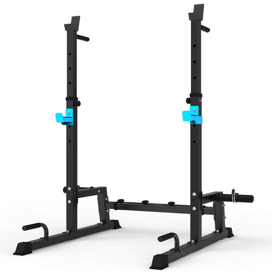 Multifunktions Squat Rack Hantelständer – Höhenverstellbar, schwarzes Metallgestell zum Halten von Langhanteln für Kniebeugen und Bankdrücken.