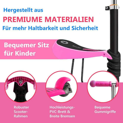 YOLEO 5-in-1 Kinderscooter mit Sitz, Schubstange und Korb rosa