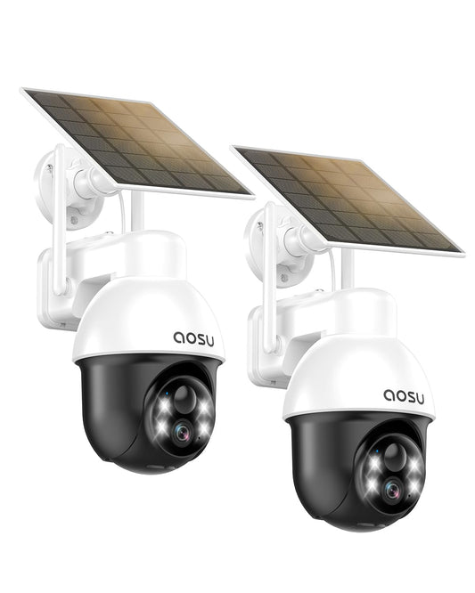 AOSU PTZ Überwachungskamera Aussen Solar 2K - 2er-Pack. Zwei weiße PTZ-Kameras mit Solarpanel zur 2K-Außenüberwachung.