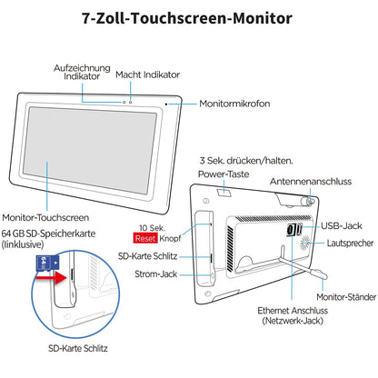 SecuFirst 2K Überwachungskamera Aussen Set – 7 Zoll Monitor, Ohne WLAN