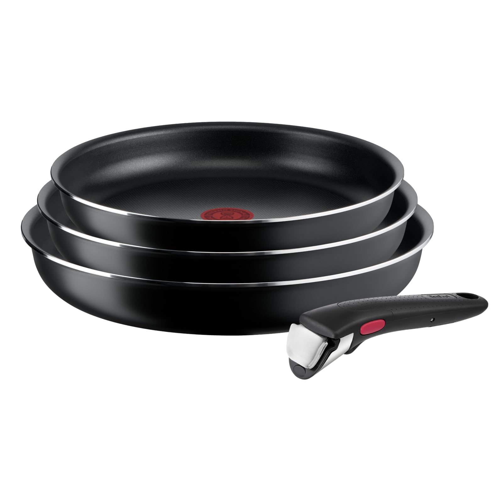 Tefal Ingenio Easy On Pfannenset 4-tlg. mit abnehmbarem Griff, runde schwarze Antihaft-Pfannen zum Braten und stapelbaren Verstauen.
