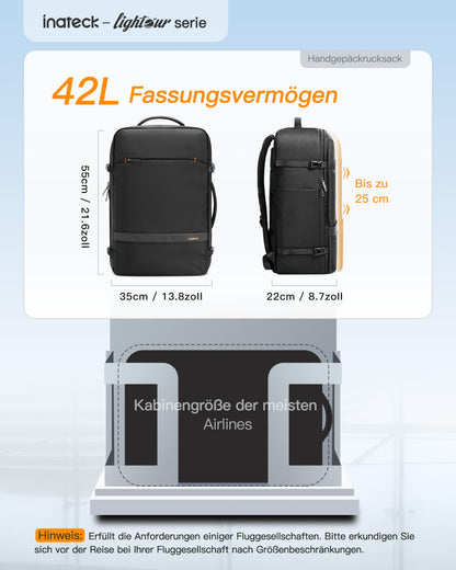 Inateck 42L Handgepäck Reiserucksack – 15.6 Zoll Laptopfach