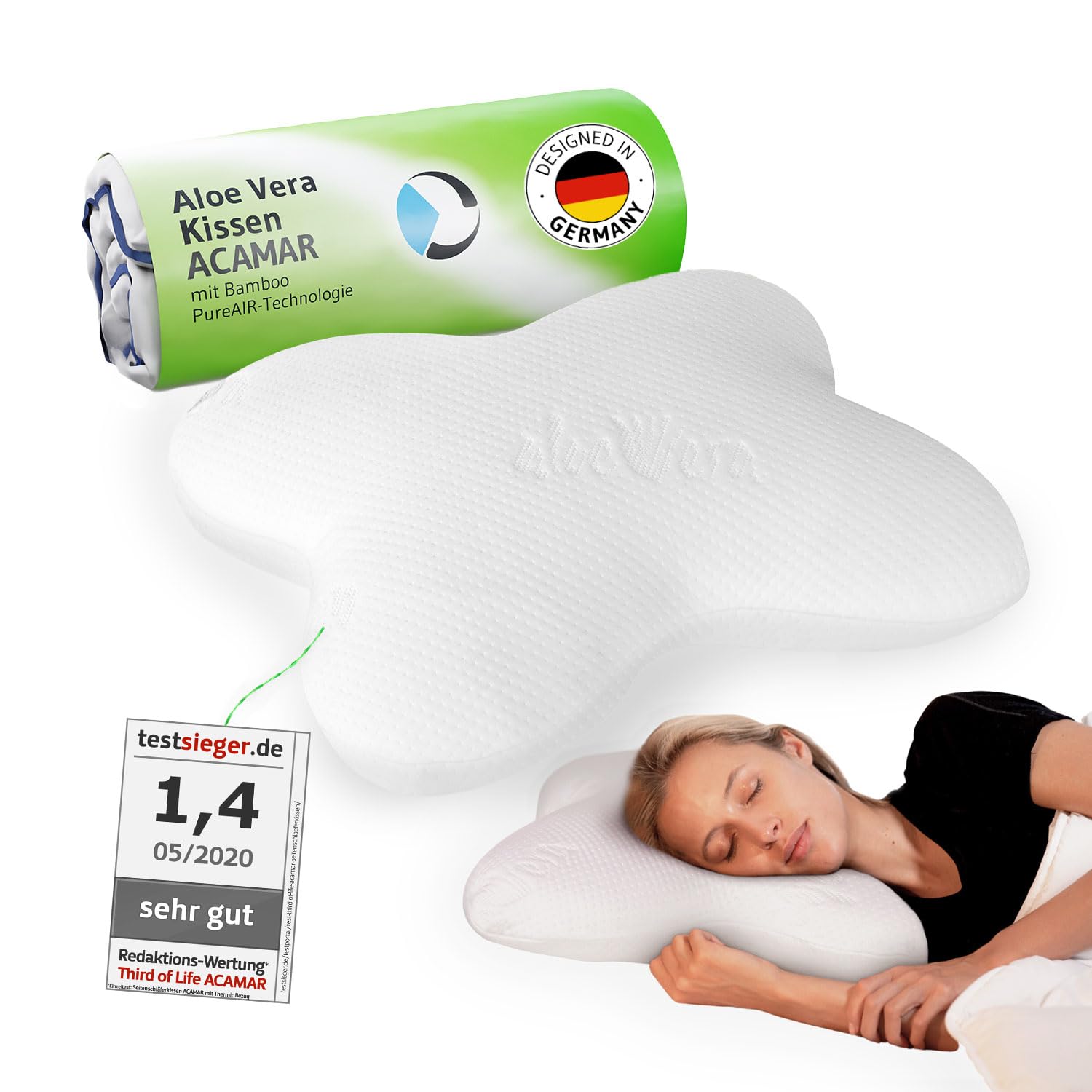ACAMAR HWS Nackenstützkissen Seitenschläfer – Aloe Vera, ergonomisch geformt, hell. Stützt die HWS von Seitenschläfern.