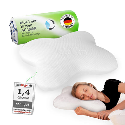 ACAMAR HWS Nackenstützkissen Seitenschläfer – Aloe Vera, ergonomisch geformt, hell. Stützt die HWS von Seitenschläfern.