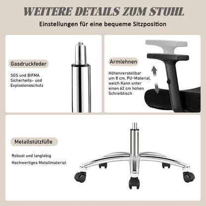 Durrafy Ergonomischer Bürostuhl Drehstuhl mit Kopfstütze - Schwarz