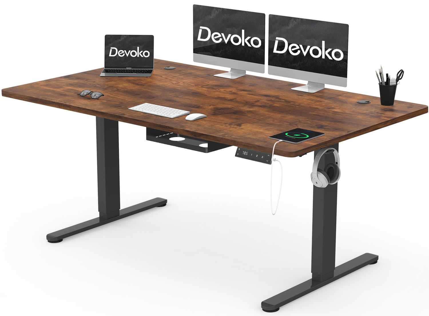 Devoko Steh-Sitz-Schreibtisch Elektrisch 160x80cm Vintage-Braun. Rechteckige, vintage-braune Tischplatte, elektrisch höhenverstellbar für ergonomisches Arbeiten.