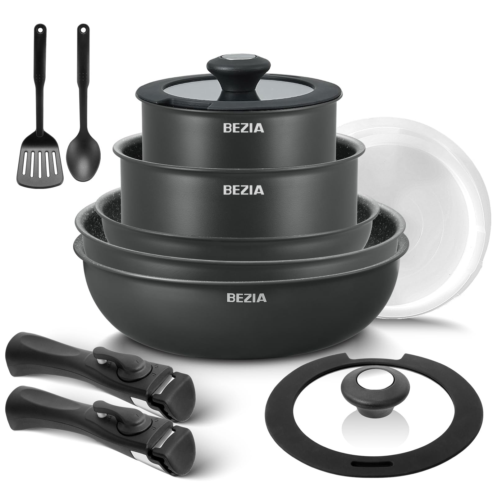 BEZIA Induktions Pfannen Set - Abnehmbare Griffe Antihaft. Rund, schwarz. Zum Braten & Kochen auf Induktionsherden geeignet.