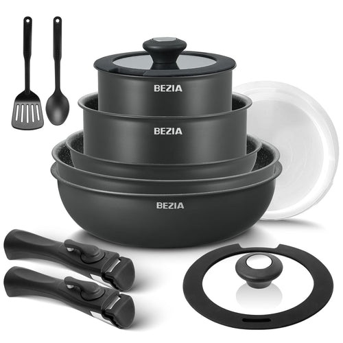 BEZIA Induktions Pfannen Set - Abnehmbare Griffe Antihaft. Rund, schwarz. Zum Braten & Kochen auf Induktionsherden geeignet.