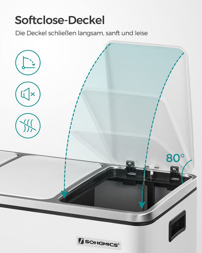 SONGMICS Mülltrennsystem Treteimer 3x18L, 3 Fächer, Wolkenweiss