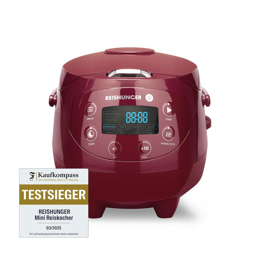 REISHUNGER Digitaler Reiskocher klein - bordeaux 0.6L. Kompakter, bordeauxfarbener Reiskocher mit Digitaldisplay zum präzisen Kochen von bis zu 0,6L Reis.