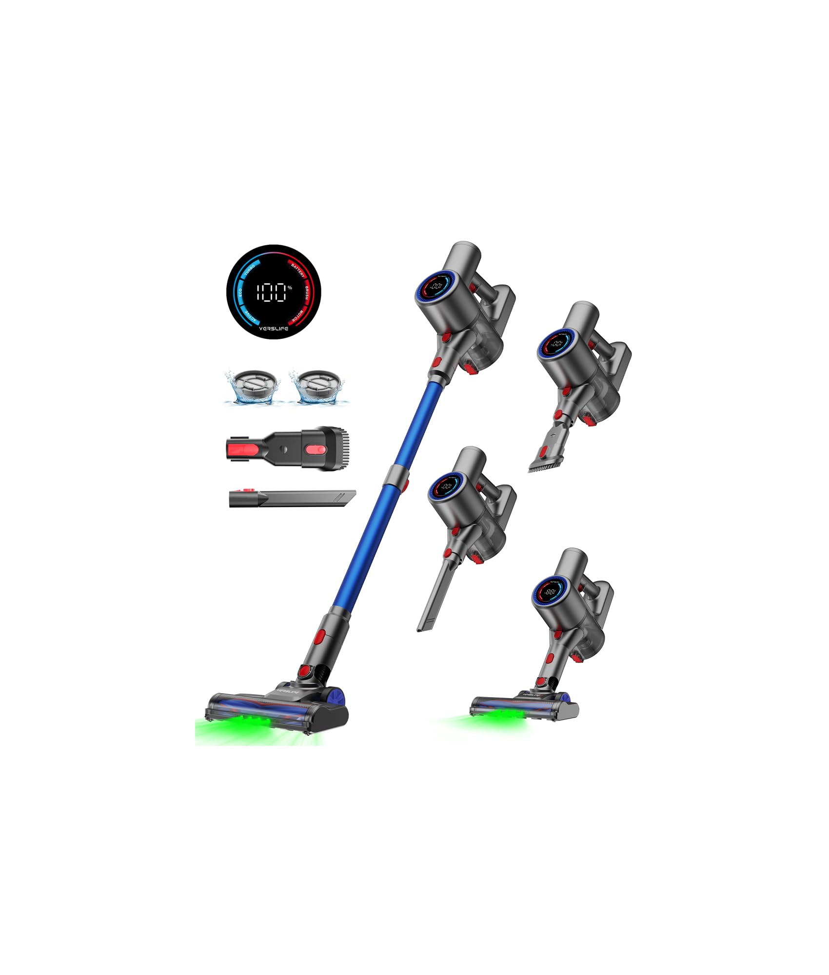 VersLife Z8 Akku-Staubsauger kabellos mit LED-Display, selbststehend, mit Bodendüse und grünem Erkennungslicht