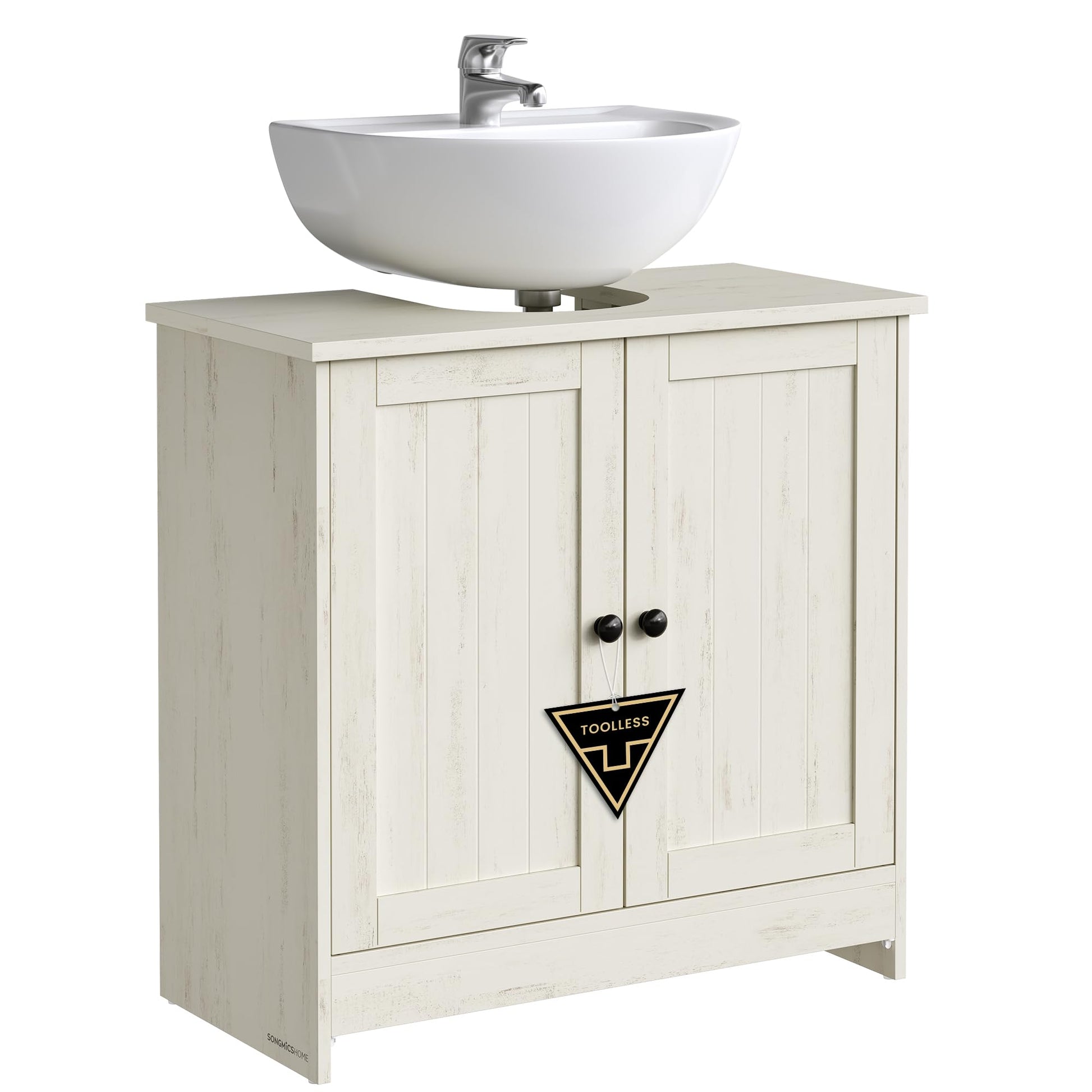 SONGMICS HOME Waschbeckenunterschrank BBC222WJ01, vintageweiss, mit rustikaler Oberfläche und Griffen im Vintage-Stil