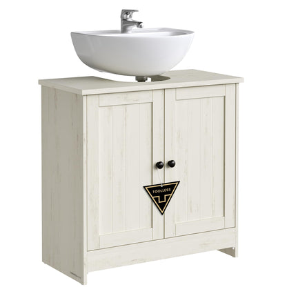 SONGMICS HOME Waschbeckenunterschrank BBC222WJ01, vintageweiss, mit rustikaler Oberfläche und Griffen im Vintage-Stil
