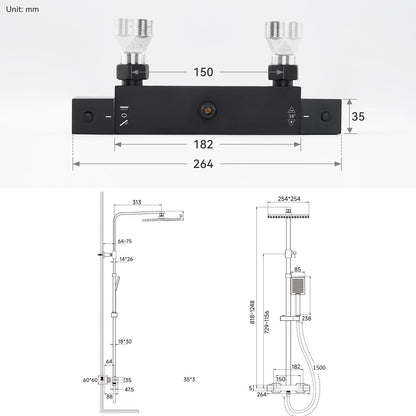 Auralum Regendusche System Thermostat Schwarz Quadrat 25x25cm