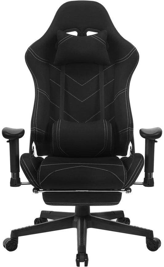 WOLTU Gaming Bürostuhl Stoff Schwarz – Fussstütze. Ergonomischer Stoffstuhl mit Fussstütze, ideal für Gaming und Büro.