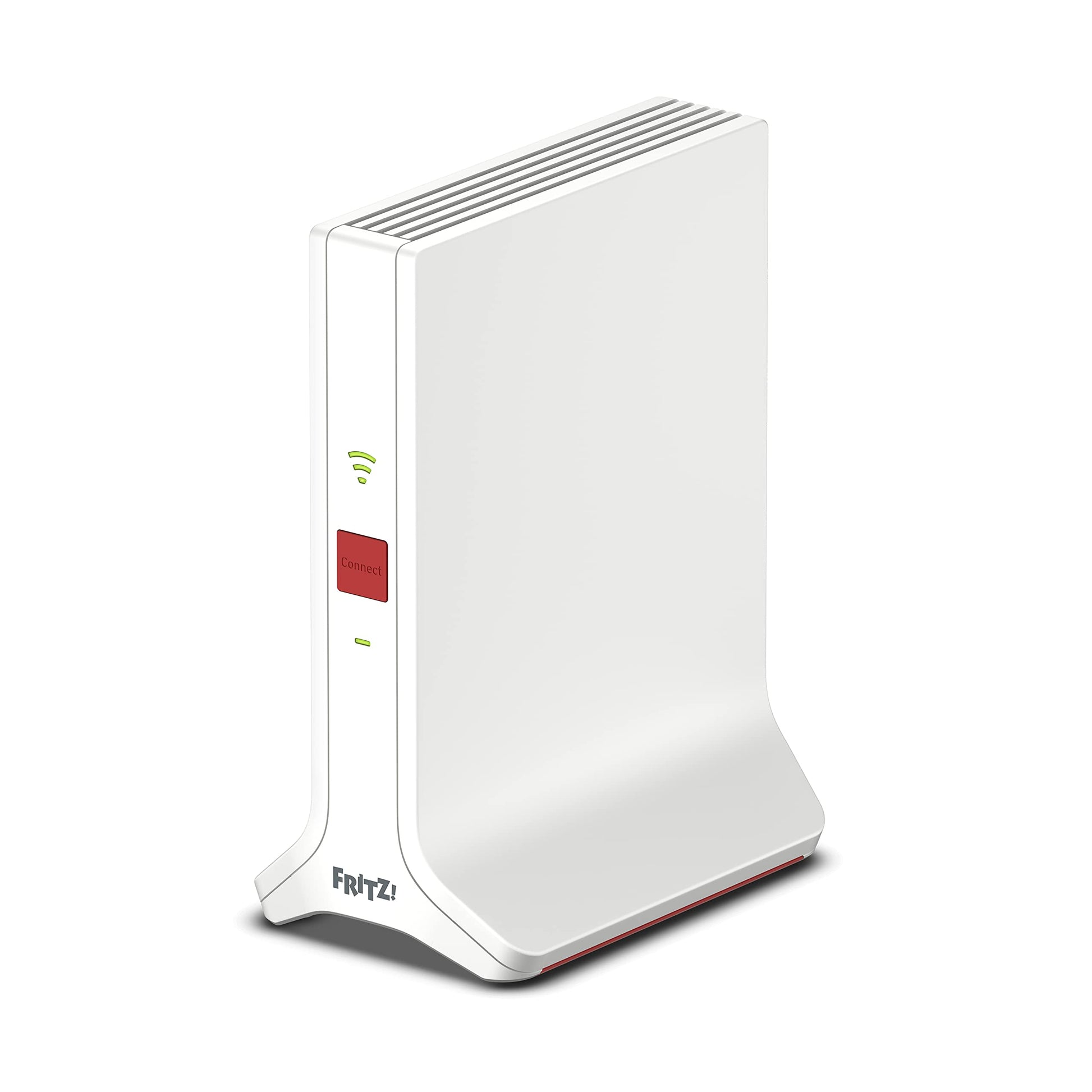 FRITZ! Repeater 3000 AX WLAN Verstärker – Triband Wi-Fi 6. Weißes, aufrechtes Gerät erweitert das Wi-Fi 6 WLAN.