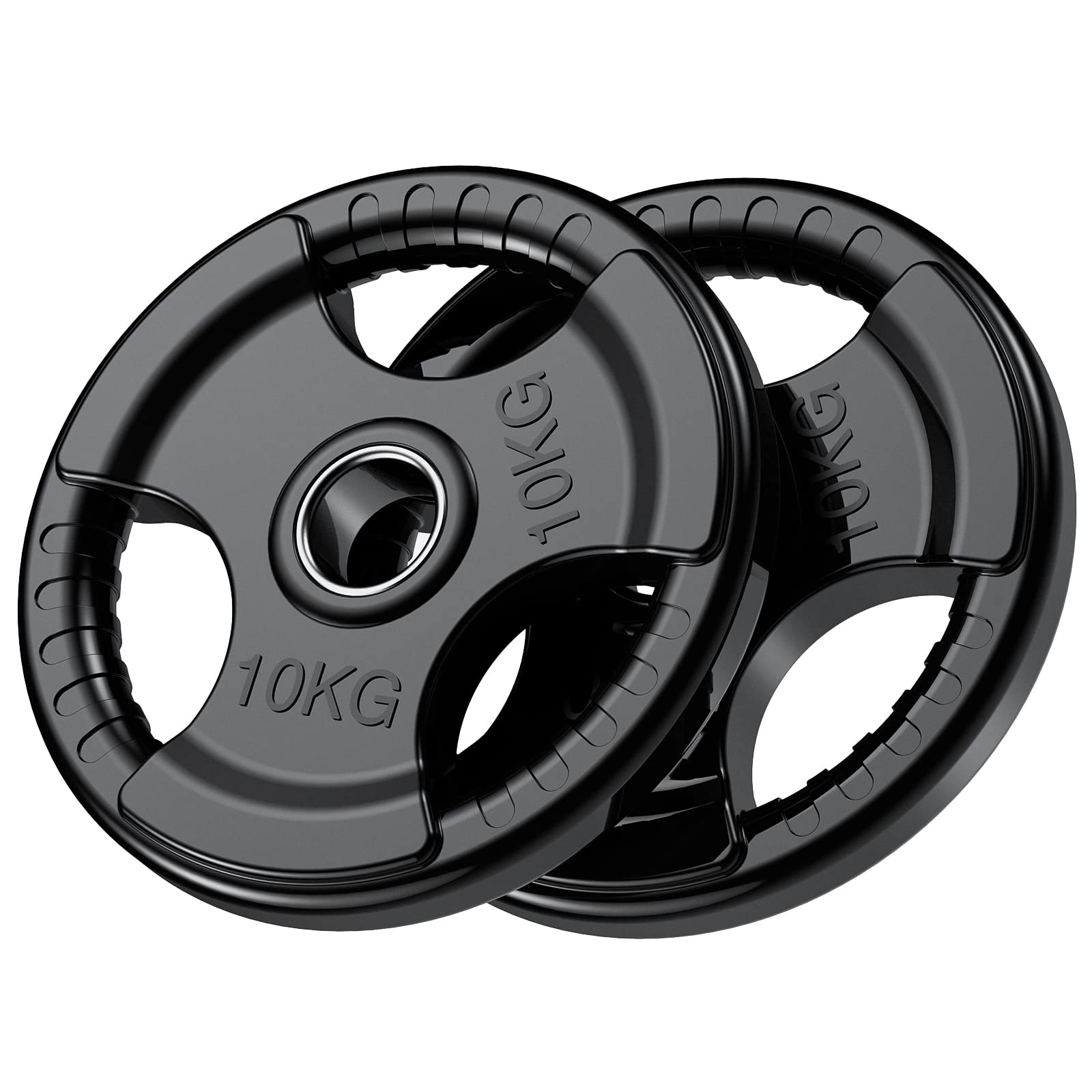 PhysKcal Olympische Hantelscheiben 2 x 10 kg, Gummi, Tri-Grip, 50 mm – schwarze Gummibeschichtung mit drei Griffausschnitten