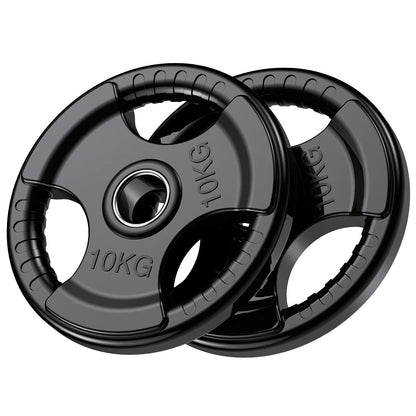 PhysKcal Olympische Hantelscheiben 2 x 10 kg, Gummi, Tri-Grip, 50 mm – schwarze Gummibeschichtung mit drei Griffausschnitten