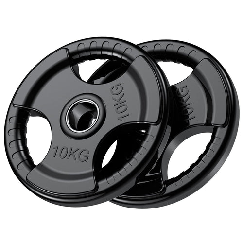PhysKcal Olympische Hantelscheiben 2 x 10 kg, Gummi, Tri-Grip, 50 mm – schwarze Gummibeschichtung mit drei Griffausschnitten