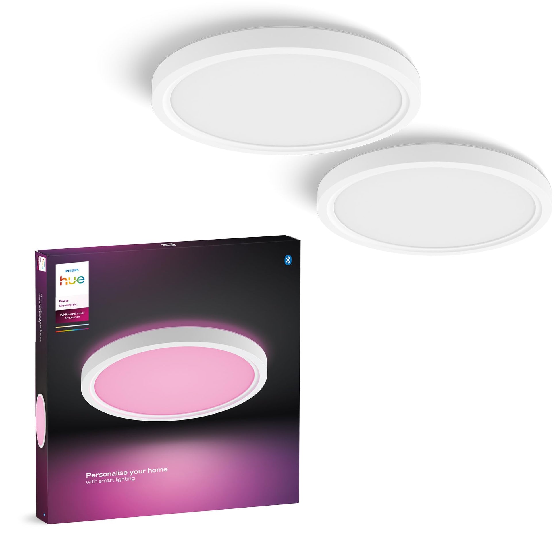 Philips Hue Devote LED-Panel, rund, 30 cm, weiss, 2er-Pack – Deckenleuchte mit weissem Kunststoffrahmen